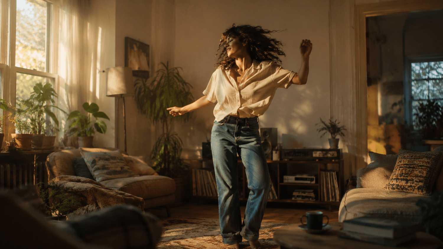 Person casually dancing in a cozy sunlit living room during the afternoon with a joyful and emotionally uplifting atmosphere.