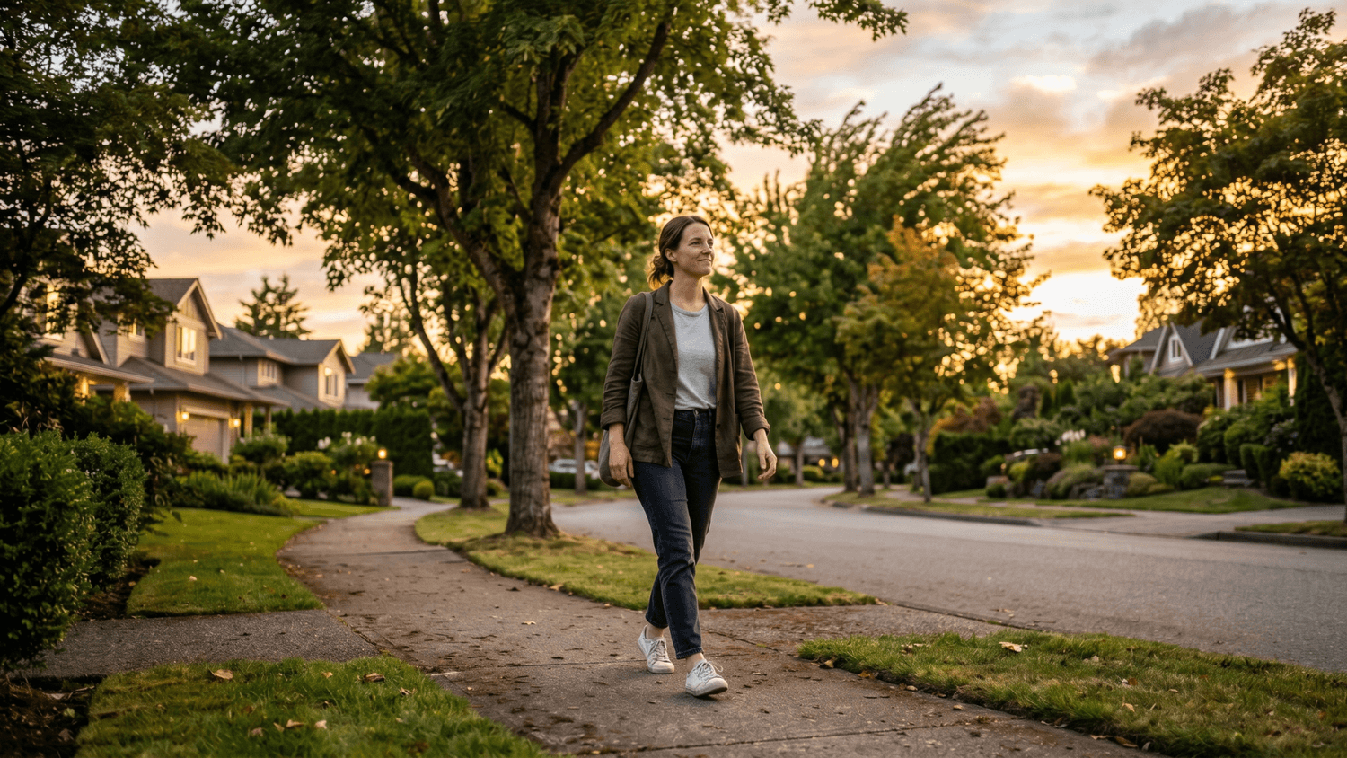 Person walking peacefully along a quiet neighborhood sidewalk at sunset surrounded by warm evening light and trees.
