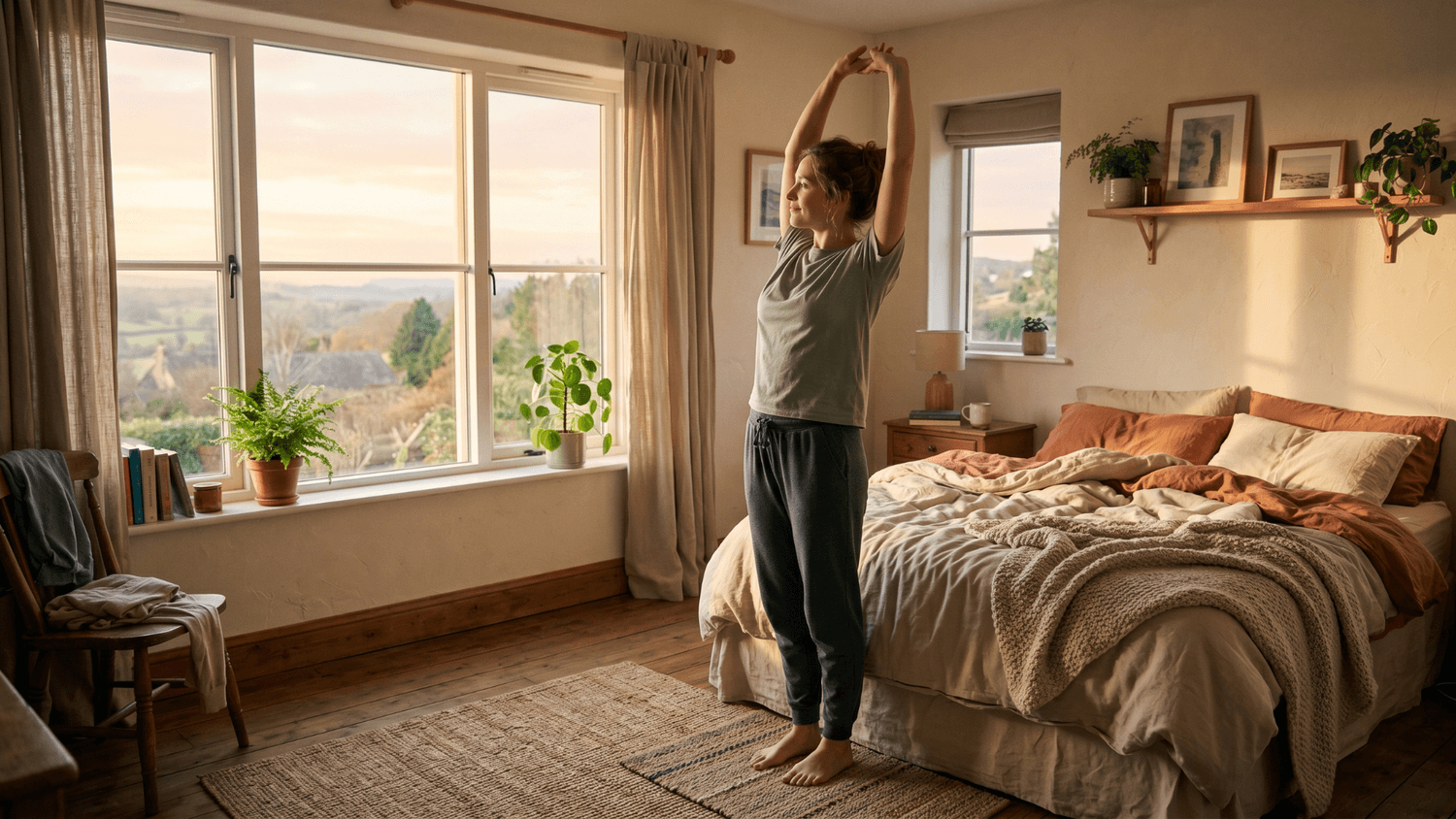 Person performing gentle morning stretches beside an unmade bed in a peaceful bedroom filled with soft sunrise light.