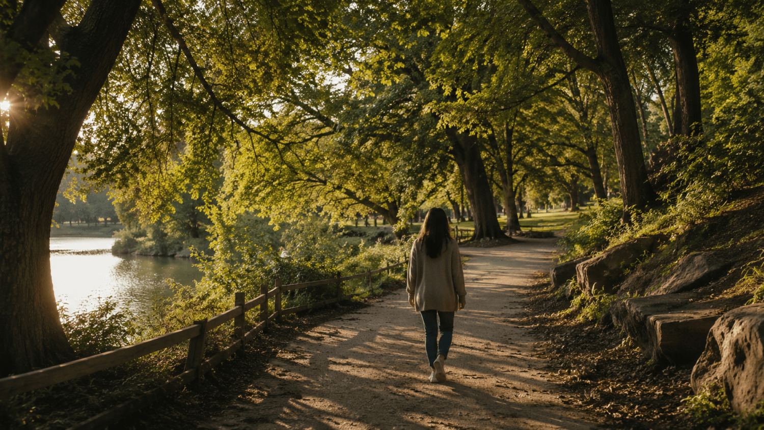 Person taking a relaxing walk through a tree-lined park trail during late afternoon with sunlight filtering through the leaves.