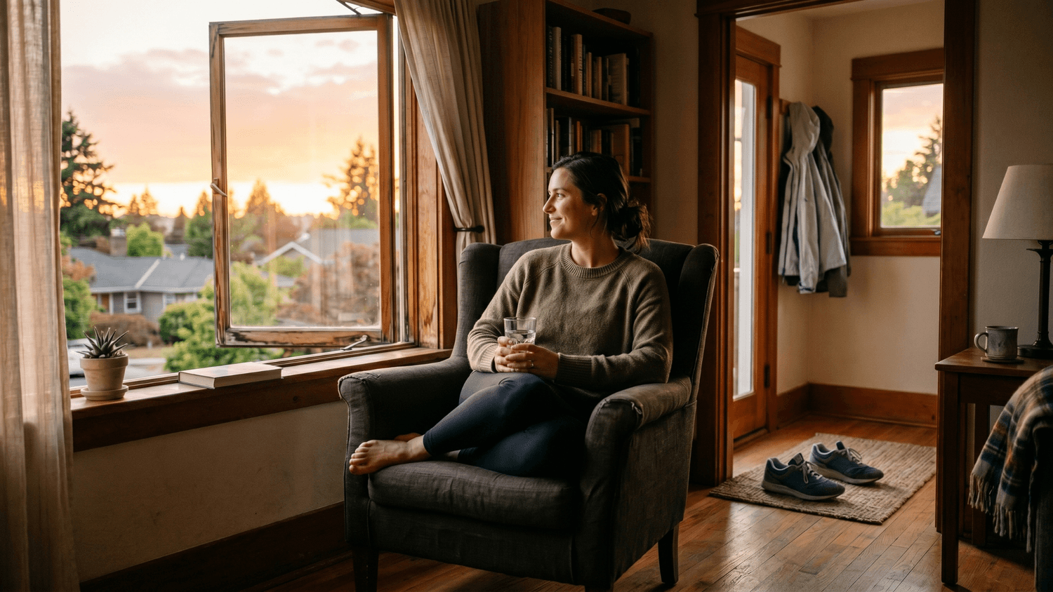 Person sitting peacefully near an open window after returning from a walk while holding a glass of water in a quiet sunset-lit home.