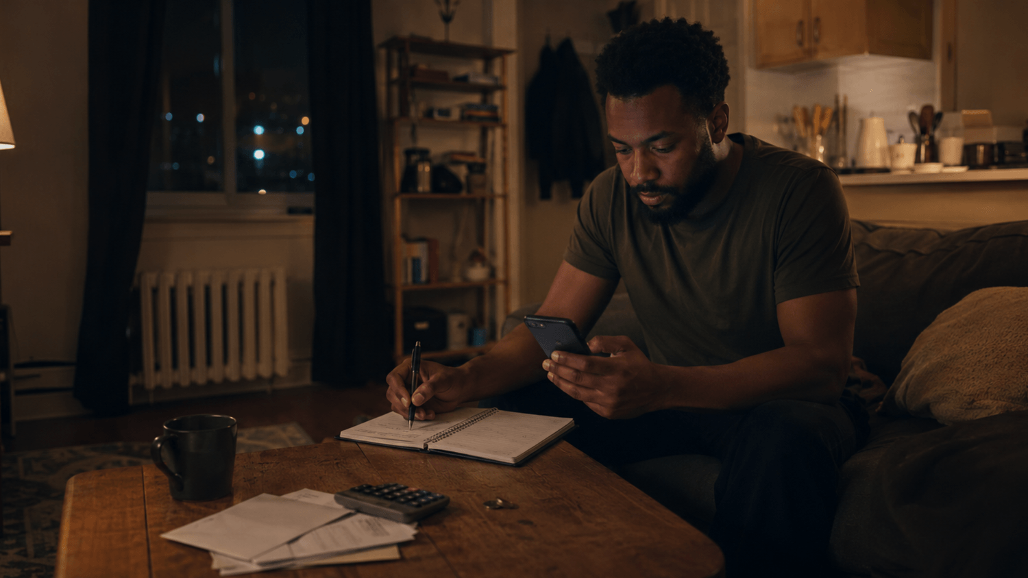 Person reviewing a budgeting notebook and transferring money into a savings app while sitting in a cozy apartment living room at night.