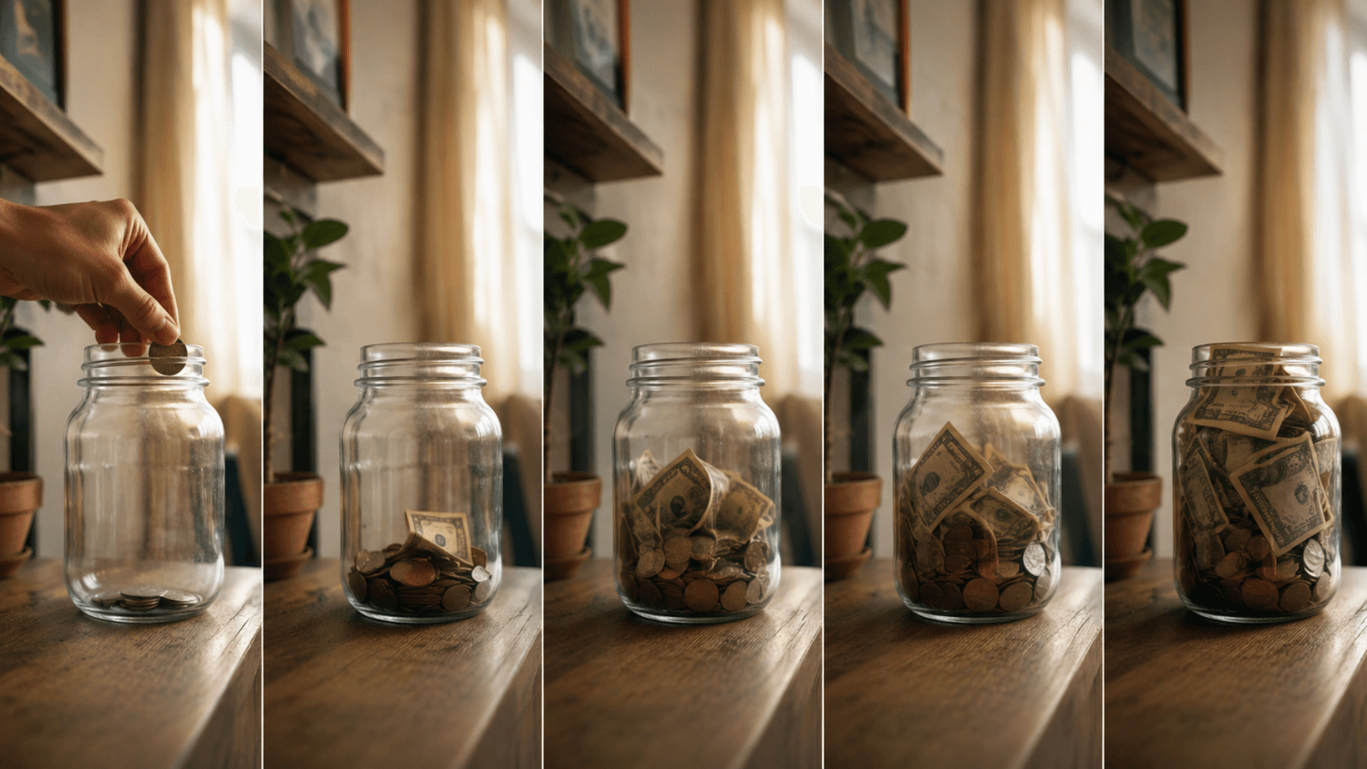 Glass savings jar gradually filling with coins and dollar bills on a wooden shelf inside a modest apartment.