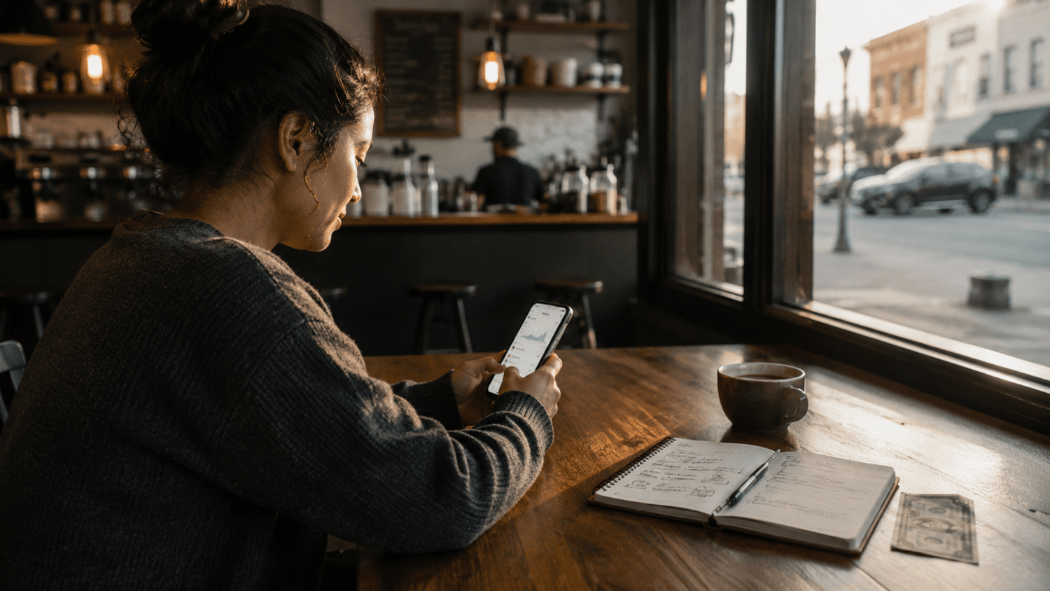 Person checking a savings account balance on a phone at a coffee shop beside a notebook with financial goals and a dollar bill.