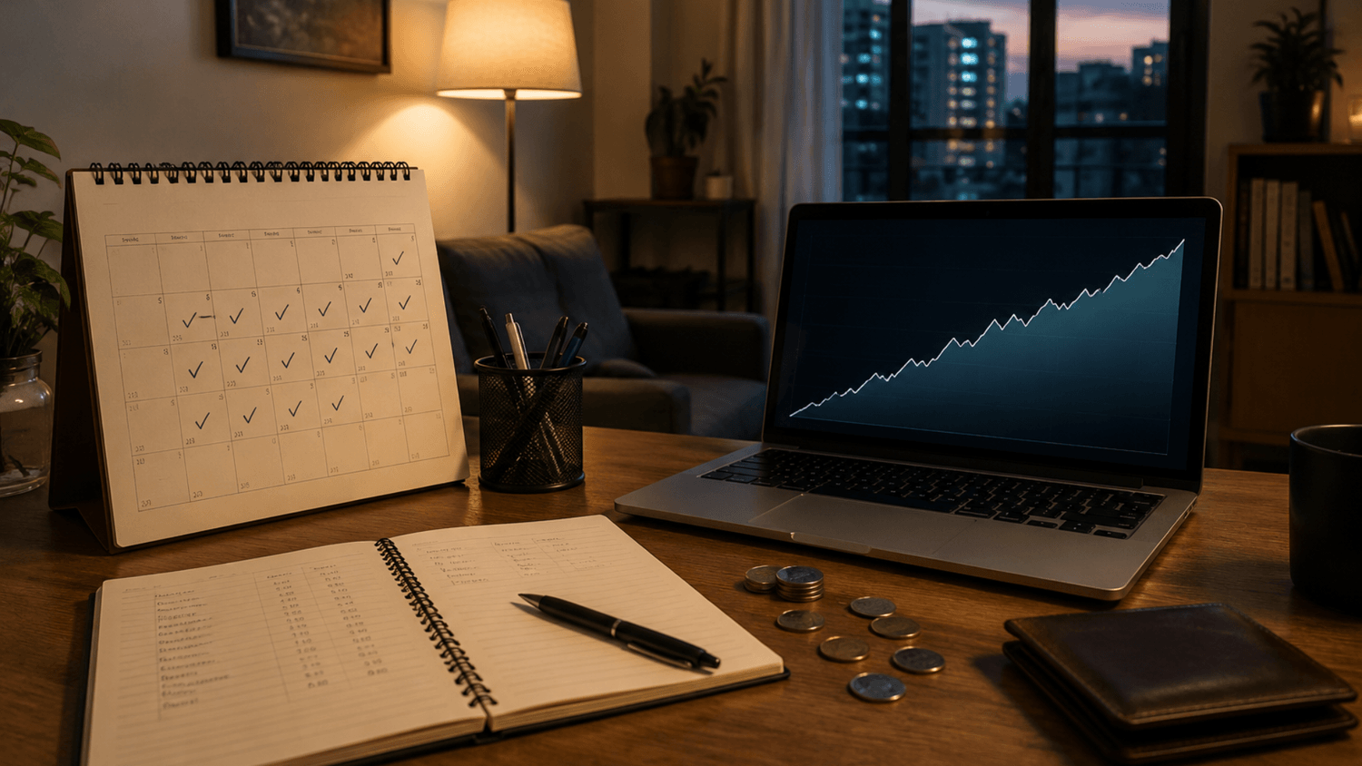 Desk setup with a budgeting notebook, calendar checkmarks, coins, and a laptop displaying a steadily rising savings graph.