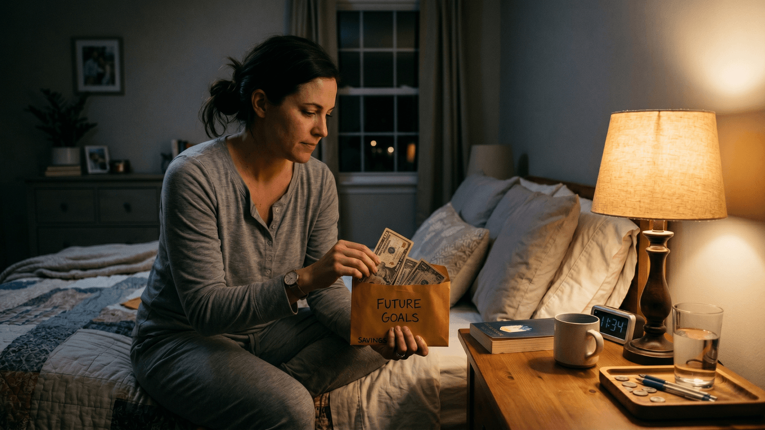 Person placing spare dollar bills into an envelope for future goals beside a softly lit bedside table at night.
