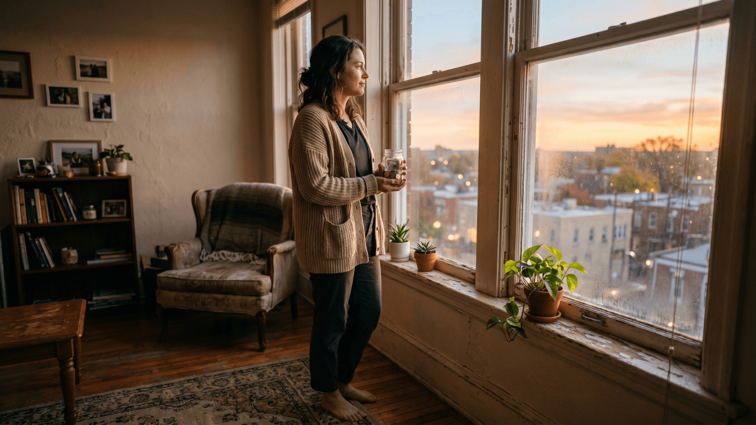 Person holding a small savings jar near a window at sunrise inside a modest apartment symbolizing long-term financial growth.