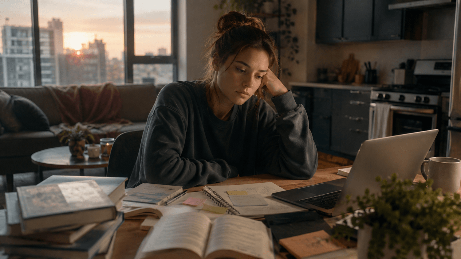 Person sitting at a kitchen table early in the morning surrounded by self-help books, planners, and a laptop while looking mentally overwhelmed and emotionally distant.