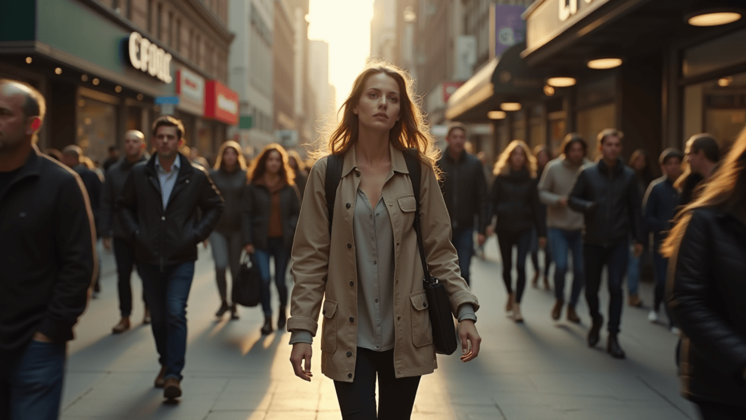 Person walking alone through a crowded downtown sidewalk during late afternoon while appearing emotionally disconnected from the fast-moving crowd around them.