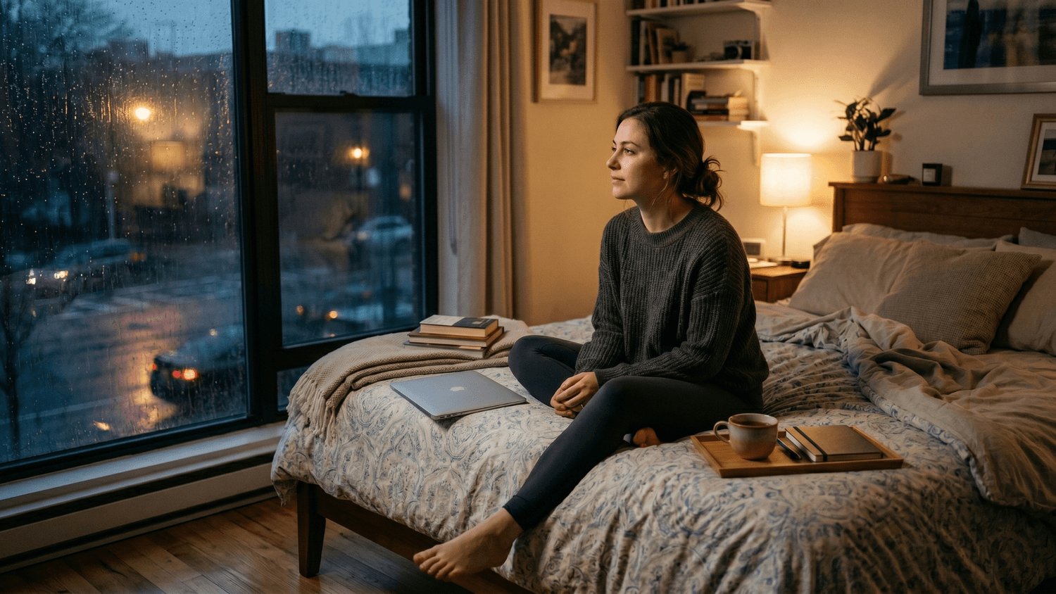 Person sitting quietly on the edge of a bed during a rainy evening after closing a laptop filled with unfinished work and productivity tasks.