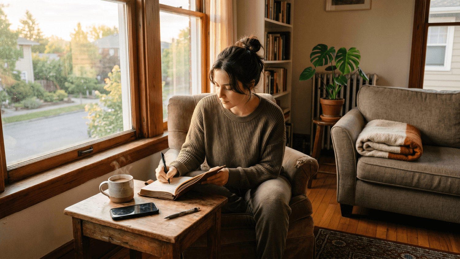 Person journaling beside a large sunlit window in a calm apartment with coffee, a closed phone, and a folded blanket nearby symbolizing emotional clarity and reconnection.