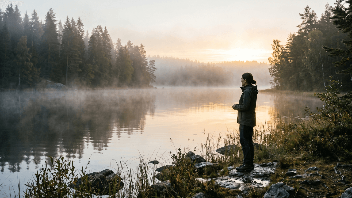 Person standing calmly beside a quiet fog-covered lake at sunrise surrounded by tall trees and peaceful natural scenery.