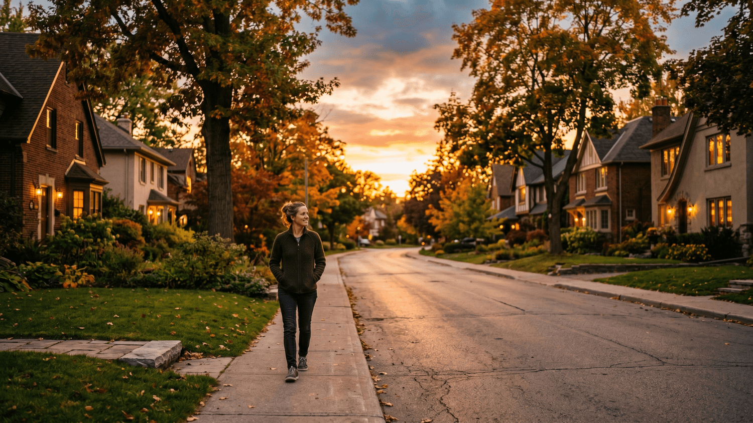 Person walking peacefully through a quiet residential neighborhood at sunset with relaxed posture and warm golden light reflecting across nearby homes and trees.