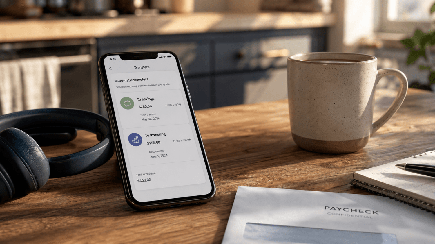 Smartphone displaying automatic savings and investing transfers beside headphones, paycheck envelope, and coffee mug on a wooden kitchen table.
