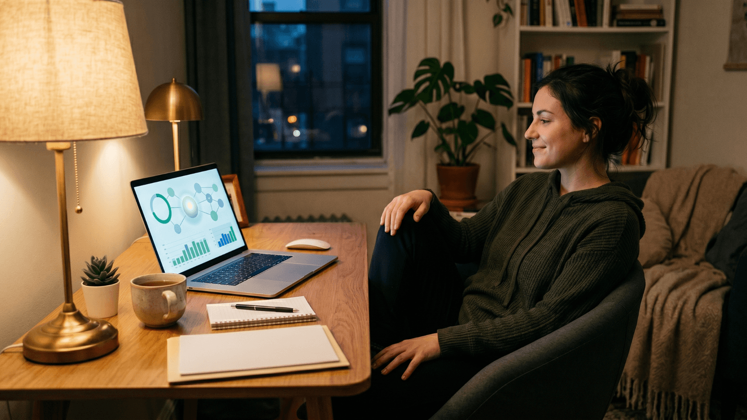 Person relaxing beside a laptop showing automatic savings confirmations in a warmly lit apartment workspace during the evening.