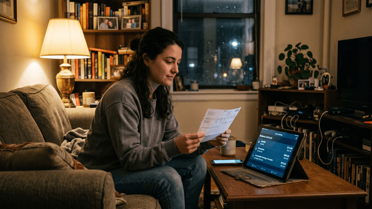 Person reviewing a paycheck notification in a cozy apartment living room while automatic savings transfers appear on a nearby tablet screen.