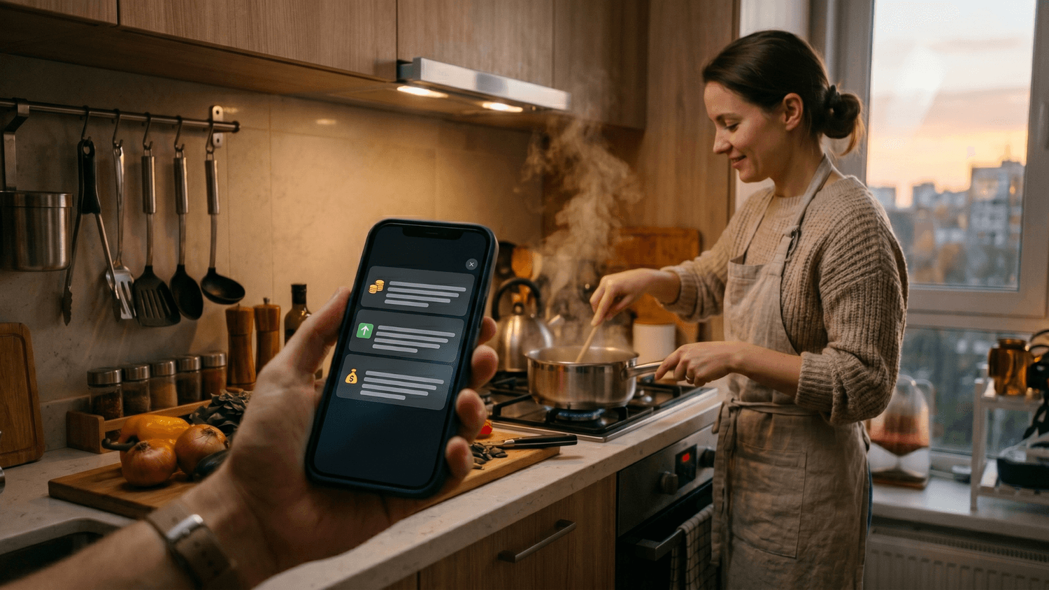 Close-up of smartphone banking notifications while a person cooks dinner in a modest modern kitchen during the evening.