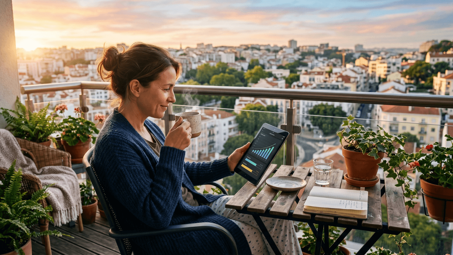 Person drinking coffee on an apartment balcony at sunrise while reviewing growing savings balances on a tablet.