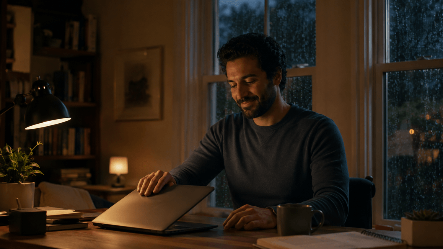 Person peacefully closing a laptop after reviewing automated savings growth charts in a warmly lit home office on a rainy night.