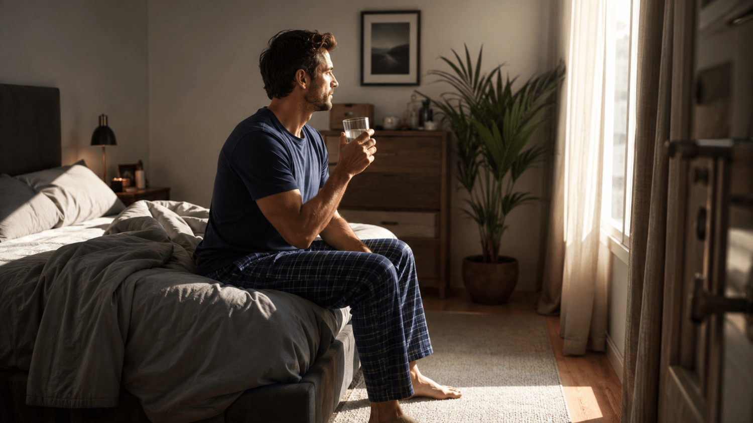 Person sitting on the edge of a bed holding a glass of water during a calm early morning routine with soft sunlight entering the room.