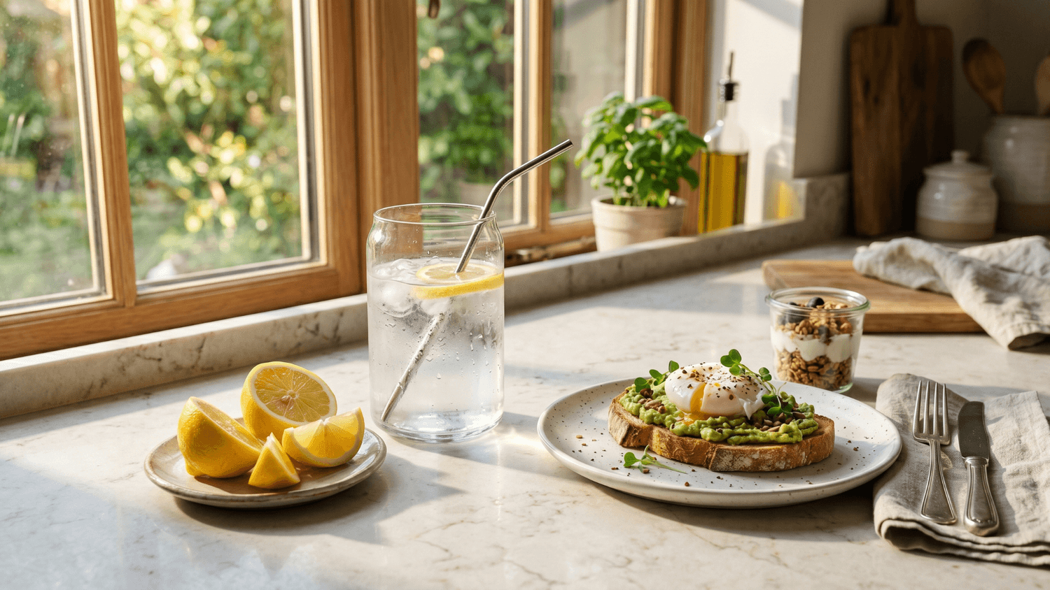 Glass of water beside sliced lemons and a healthy breakfast setup on a sunlit kitchen countertop.