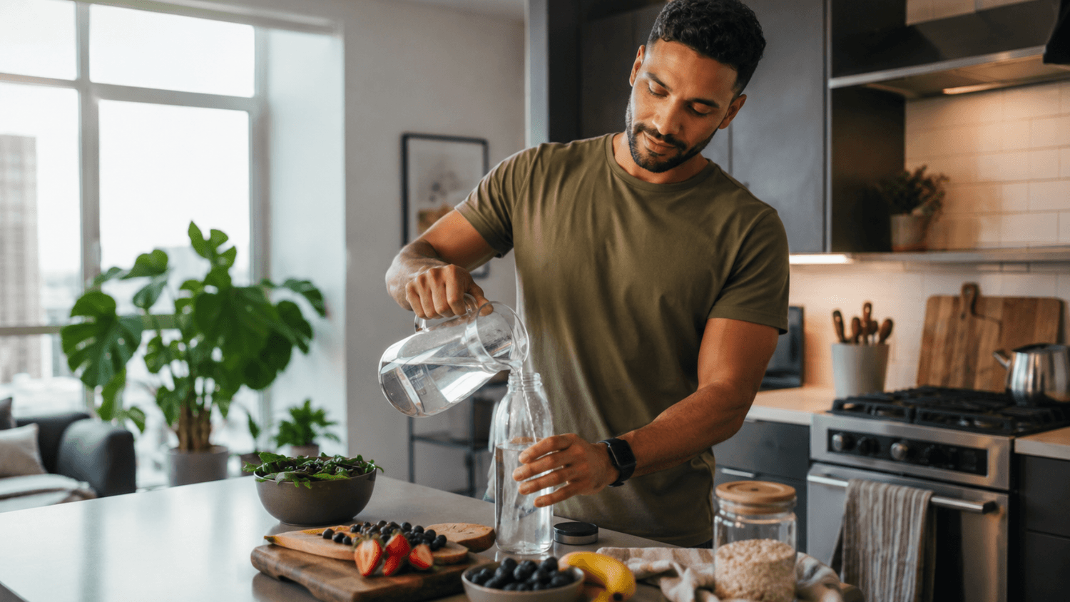 Person pouring water into a reusable glass bottle in a bright modern kitchen beside healthy breakfast ingredients.