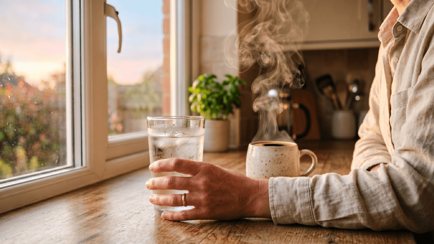 Close-up of a person holding a cold glass of water near a sunlit kitchen window with an untouched coffee mug in the background.