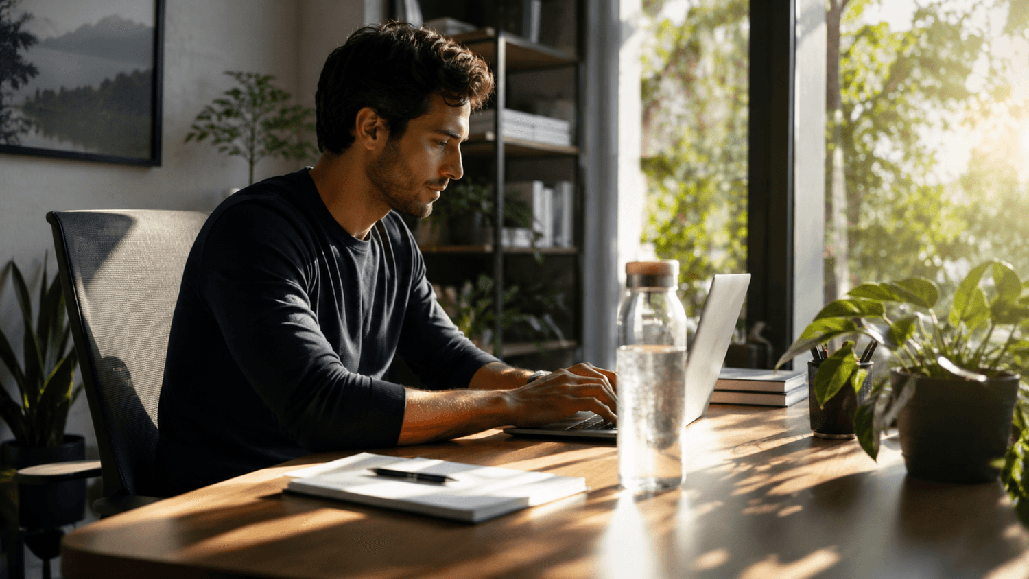 Modern early morning workspace with a person working at a desk beside a large glass water bottle and natural sunlight.