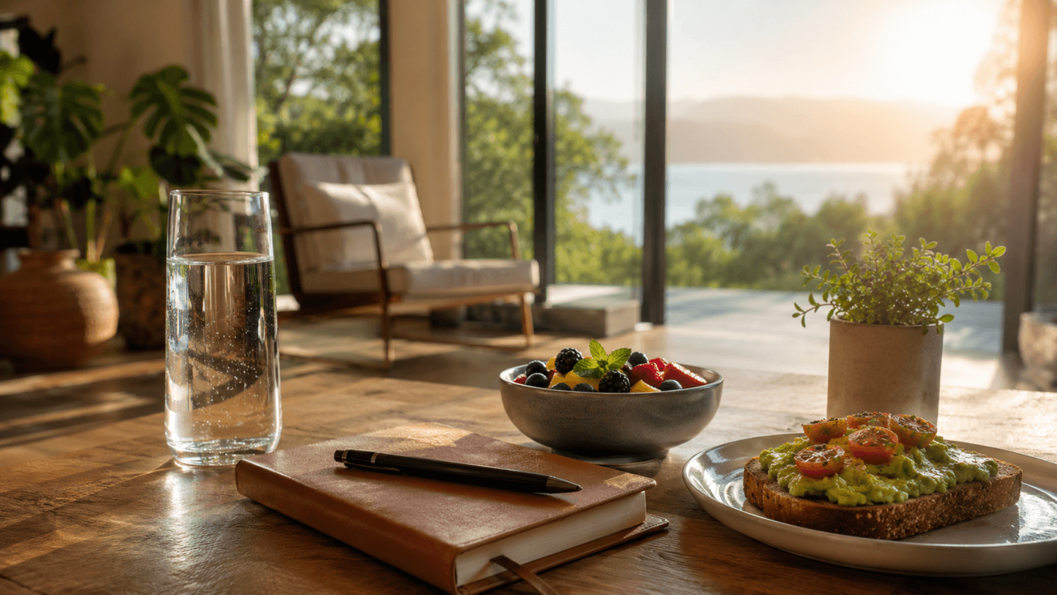 Peaceful wellness scene featuring a glass of water beside a journal and healthy breakfast in a sunlit morning room.