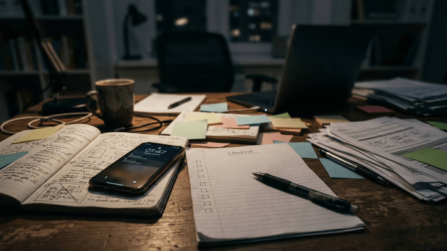 Cluttered desk with unfinished notes, sticky reminders, and an untouched checklist beside a glowing phone late at night.