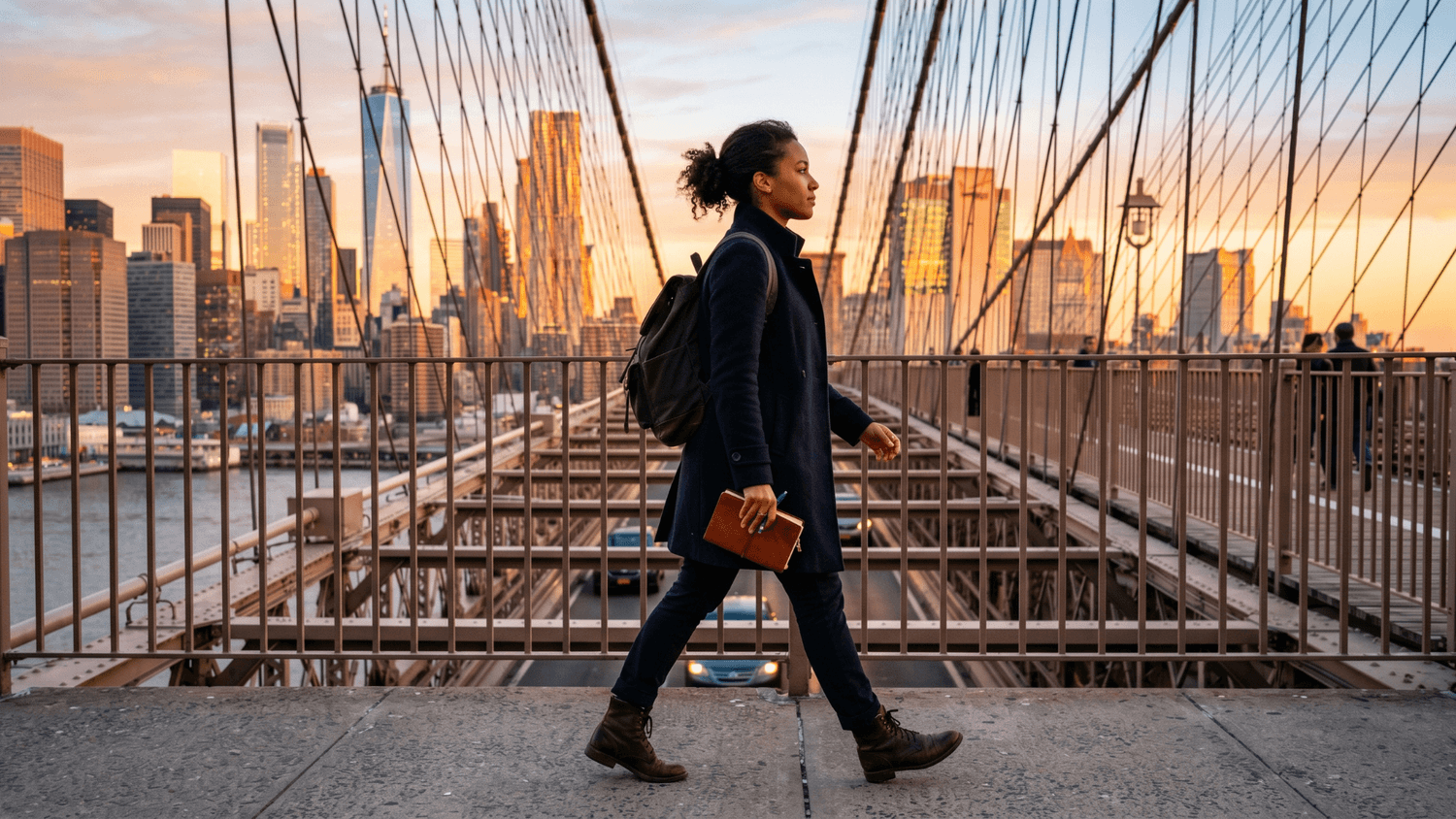 Person walking confidently across a city bridge at sunrise carrying a notebook, symbolizing the move from planning to action.