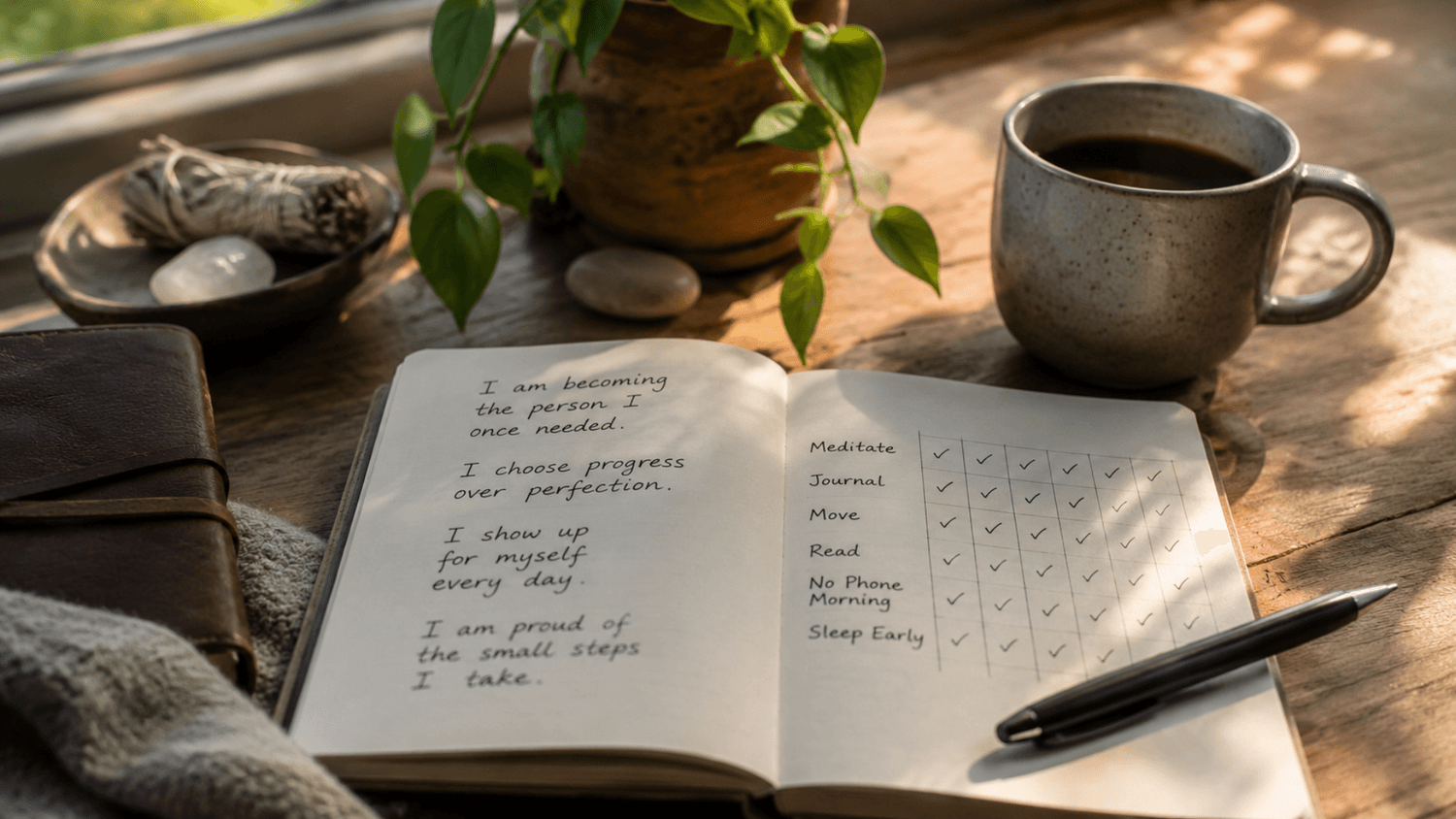 Handwritten affirmations and completed habit checkmarks beside a coffee cup in soft morning light.