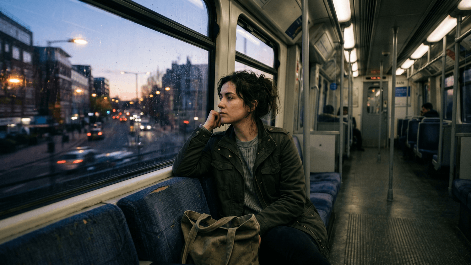 Person sitting on public transit during an early morning commute, looking thoughtfully out the window.