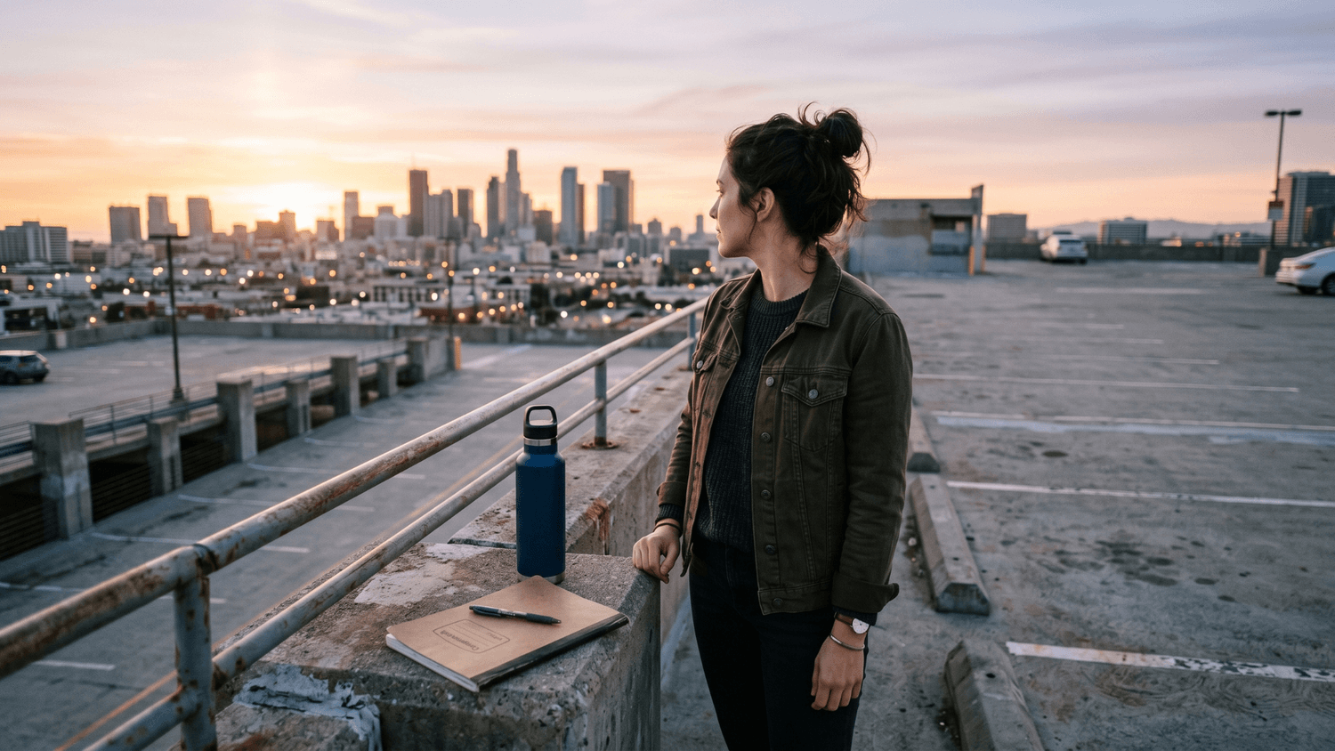 Person standing on a rooftop parking garage at sunrise with a notebook and water bottle overlooking the city skyline.