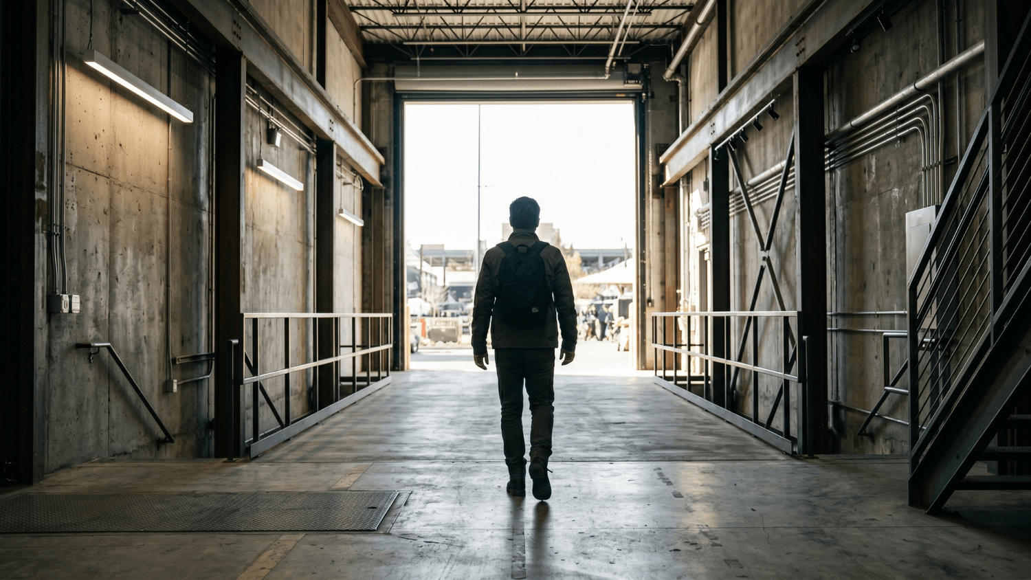 Person walking through an industrial hallway toward bright natural light, representing growth and forward momentum.
