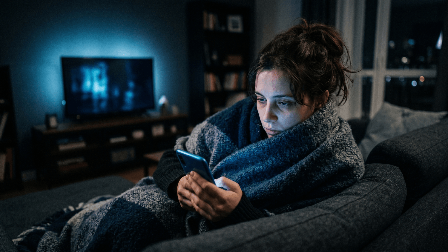 Tired person sitting on a couch at night illuminated by blue light from a television and smartphone in a modern living room.