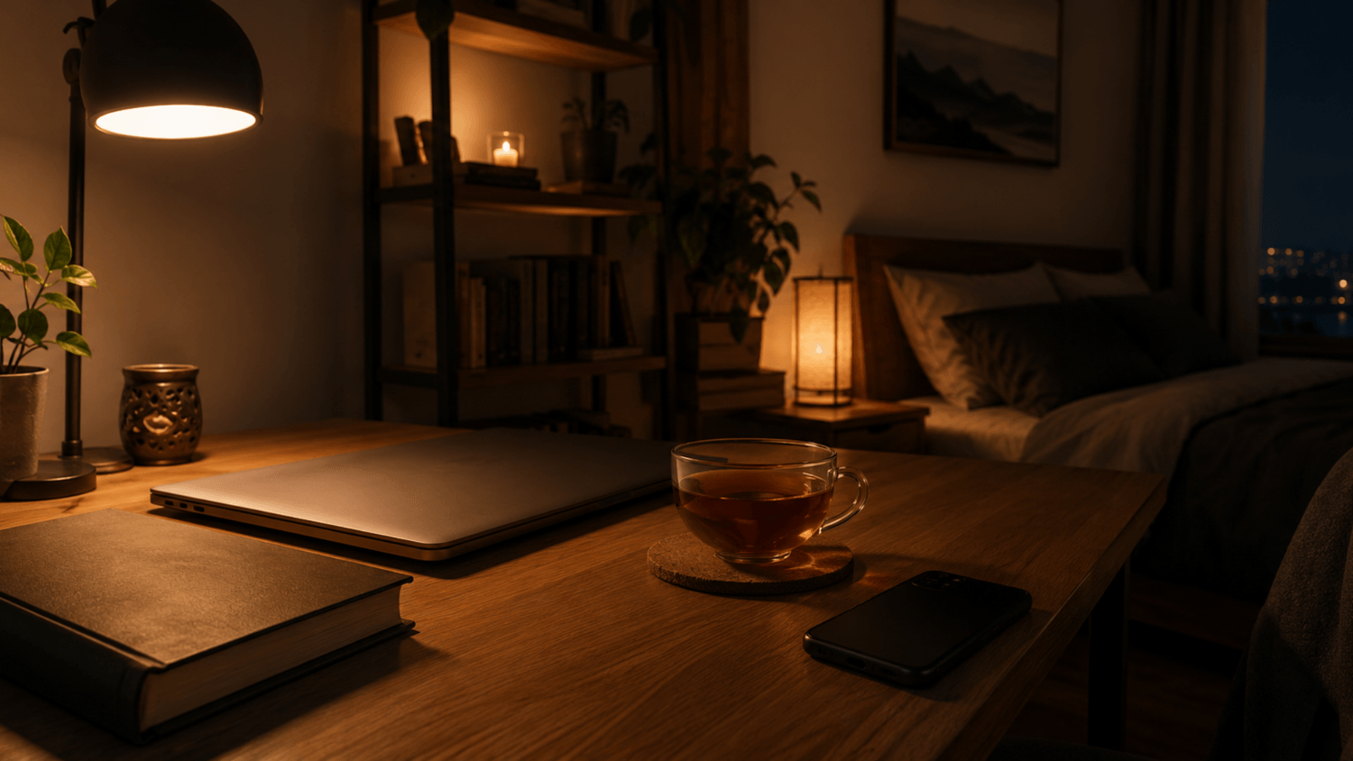 Cozy nighttime desk setup with a closed laptop, herbal tea, book, and phone placed face-down during an evening wind-down routine.