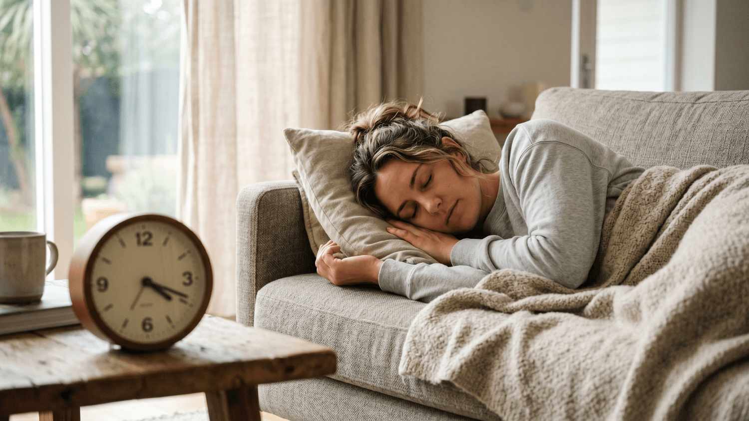 Person taking a peaceful afternoon nap on a couch with soft daylight filtering through curtains and a small timer clock nearby.