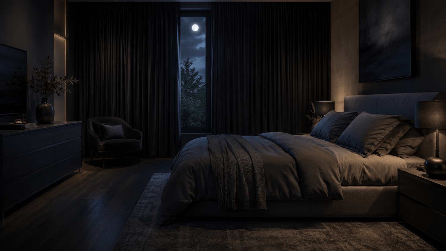 Dark modern bedroom with blackout curtains, soft bedding, minimal clutter, and a calming atmosphere designed for quality sleep.