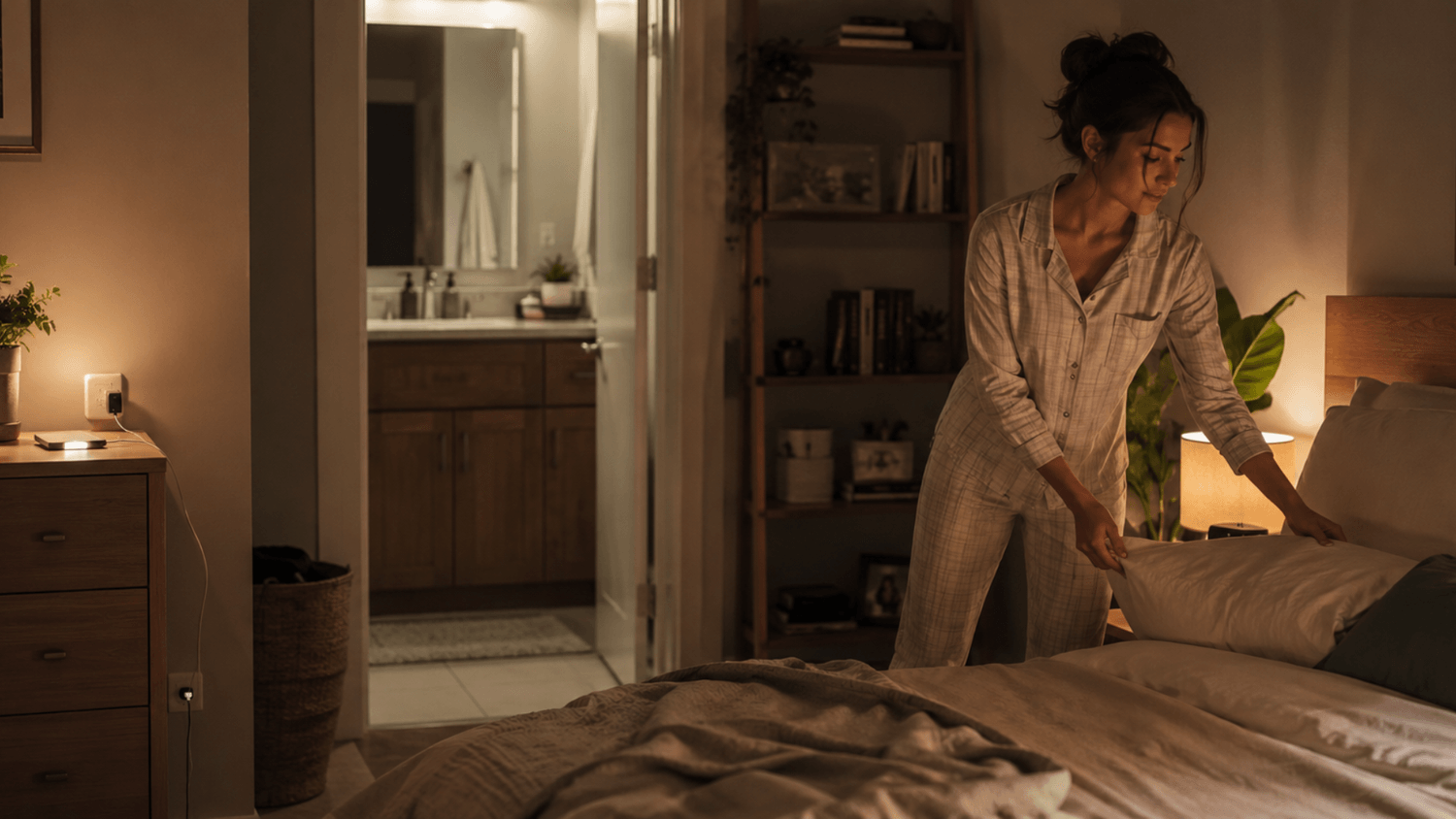 Person preparing for bed in a softly lit room with comfortable pajamas and a phone charging across the room.