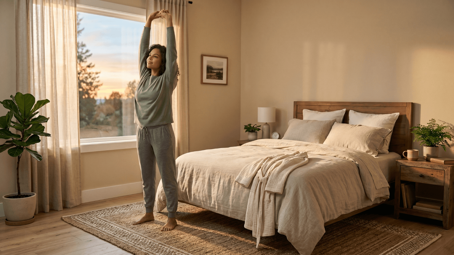Person stretching beside a neatly made bed in a sunlit bedroom, feeling refreshed after a restful night's sleep.