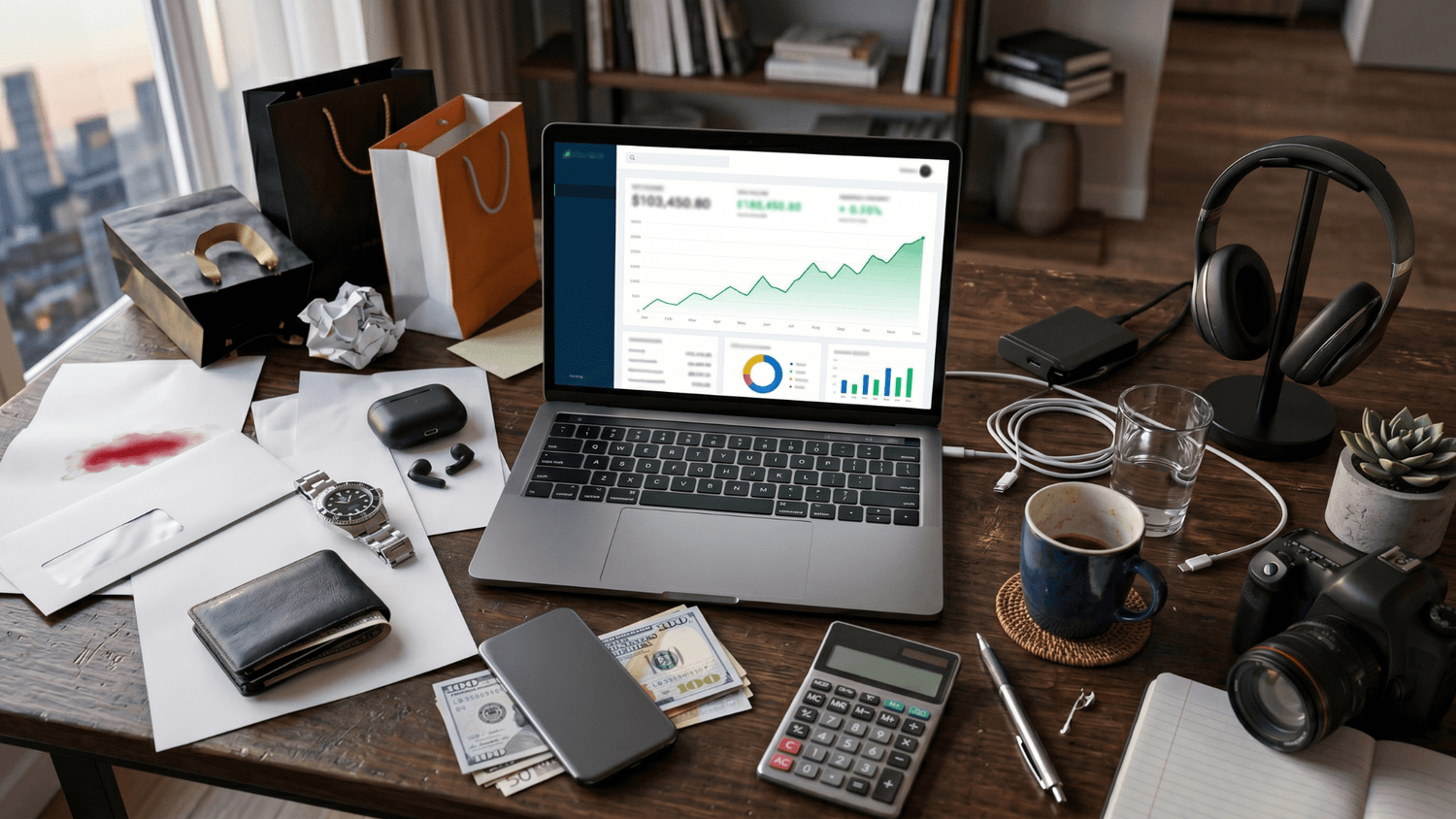 Cluttered desk with luxury purchases, shopping bags, bills, and a laptop showing rising income figures.