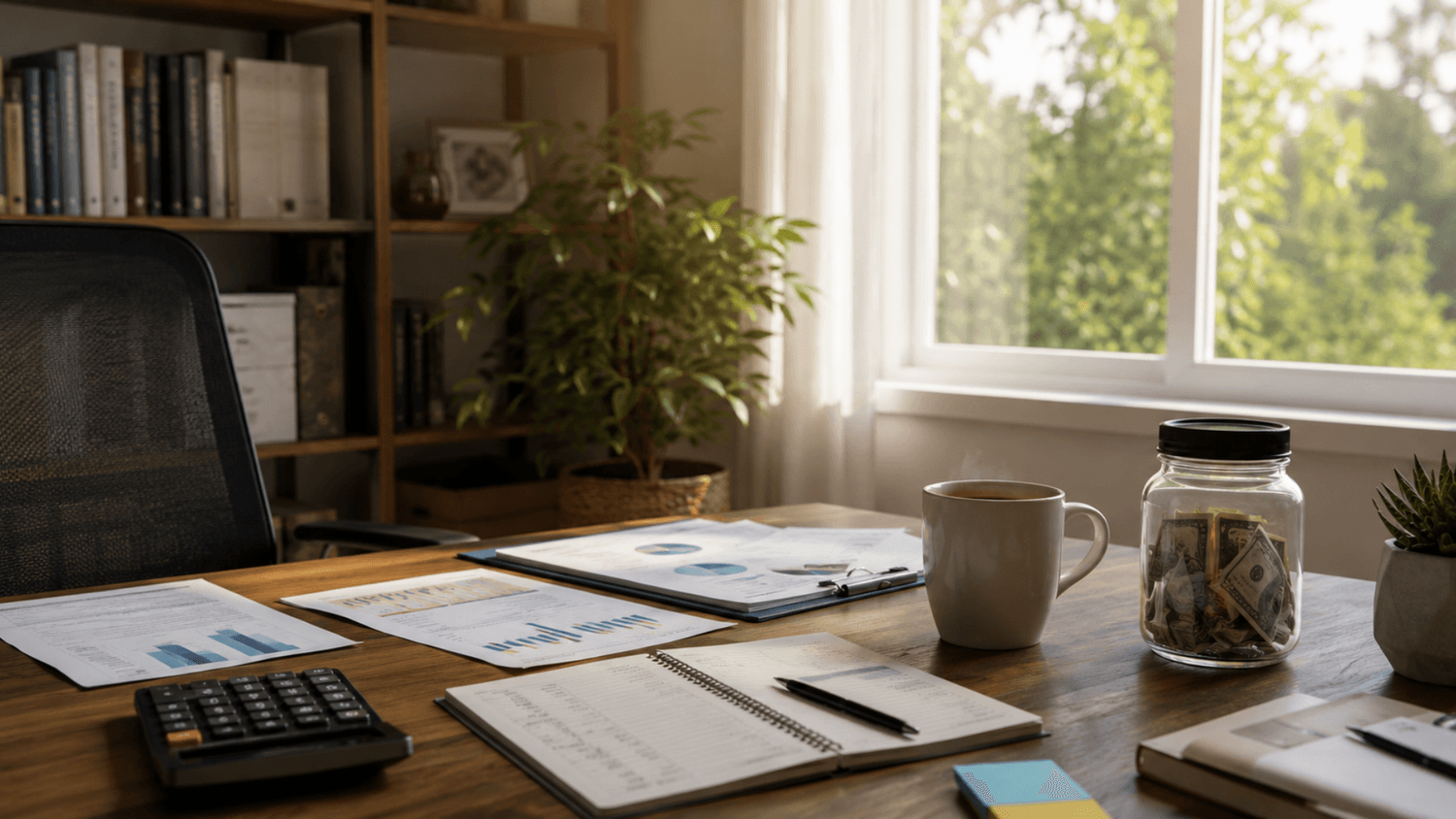 Organized home office with budgeting notebook, savings jar, and financial documents in morning light.