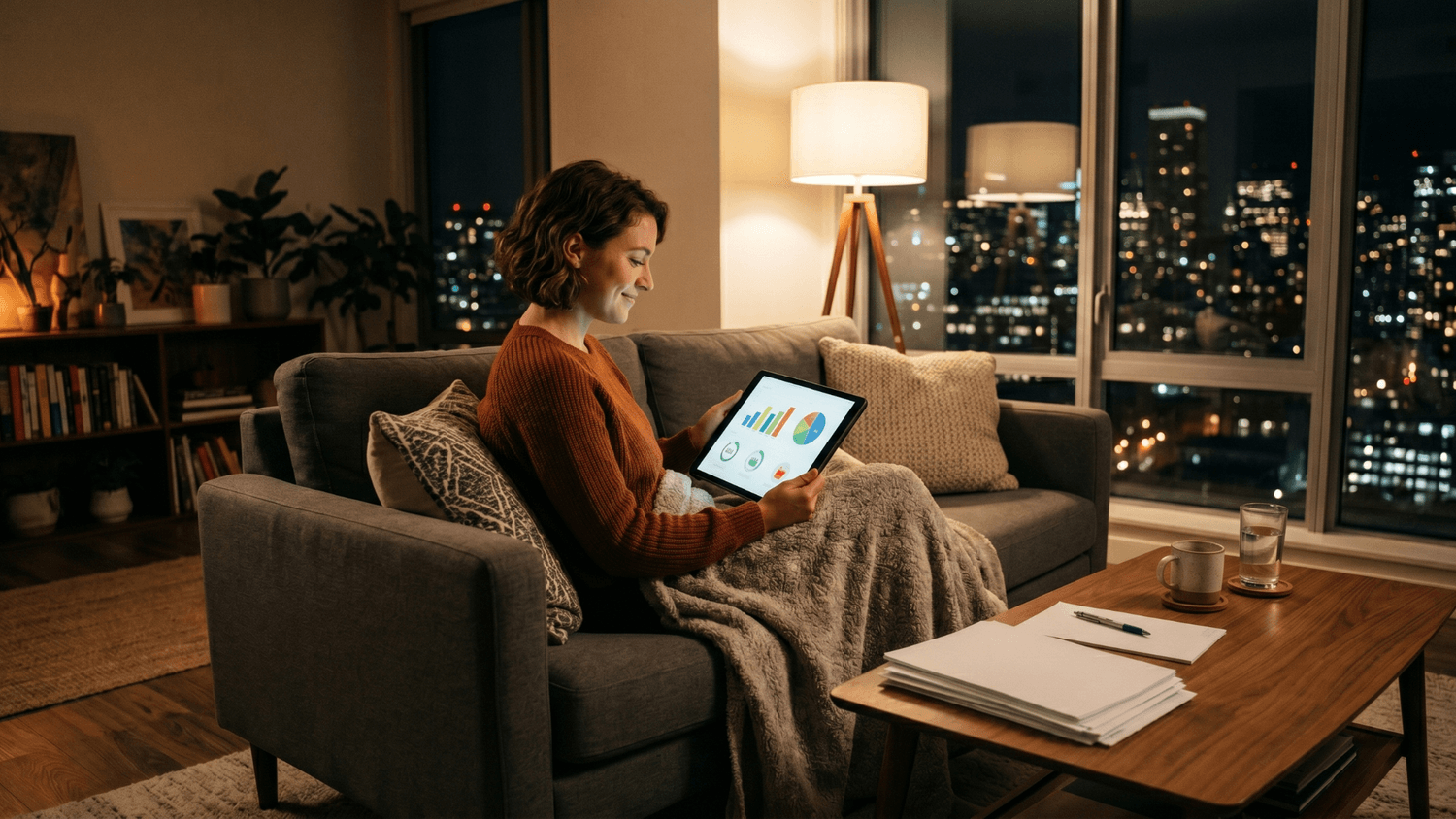 Person relaxing on a couch while reviewing a financial dashboard with organized bills nearby.