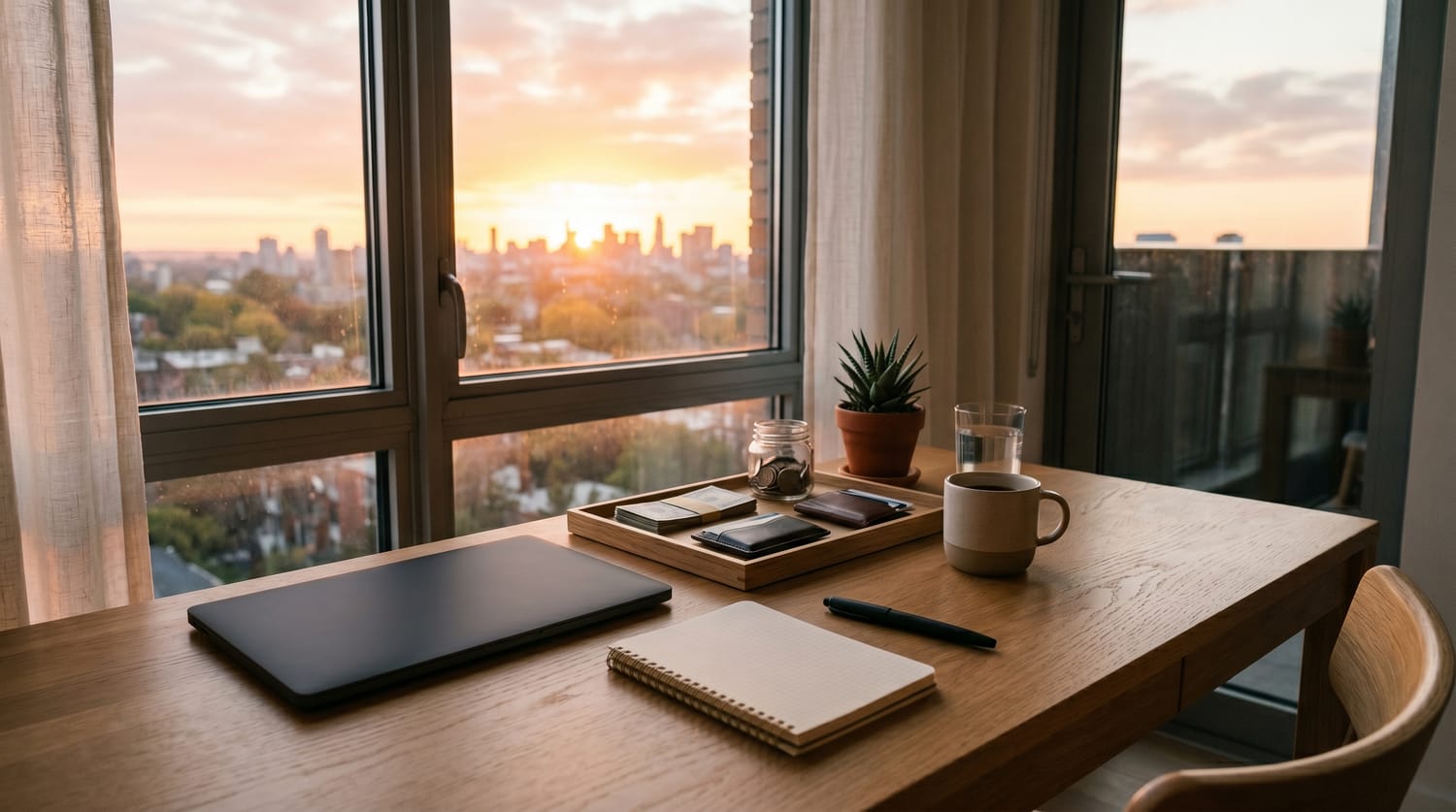 Minimalist workspace with a savings tracker notebook and organized finances illuminated by sunrise light.