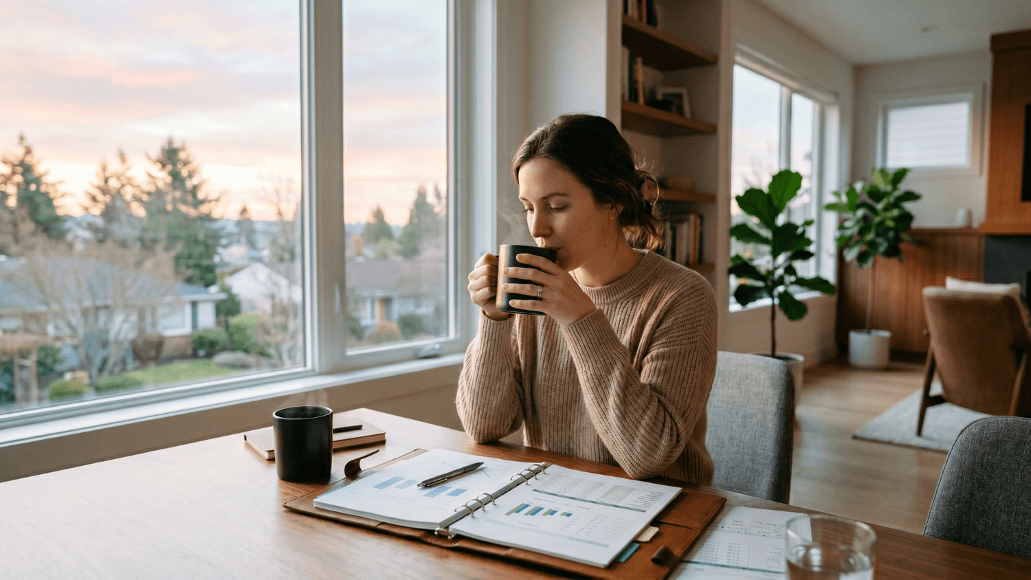 Person enjoying morning coffee by a bright window while reviewing savings goals and organized finances.