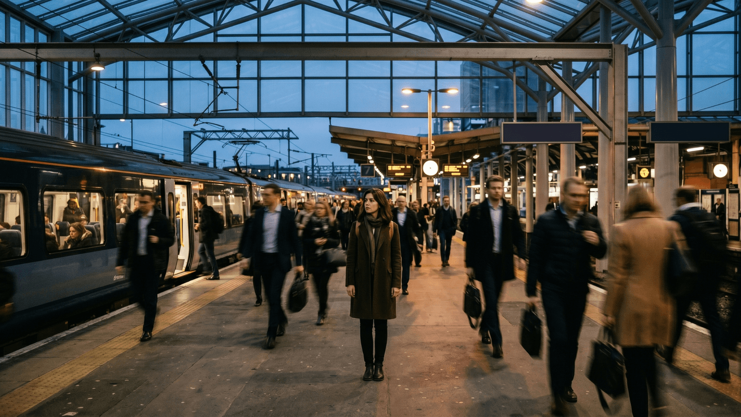Person standing thoughtfully in a busy commuter train station while others walk past in the evening.
