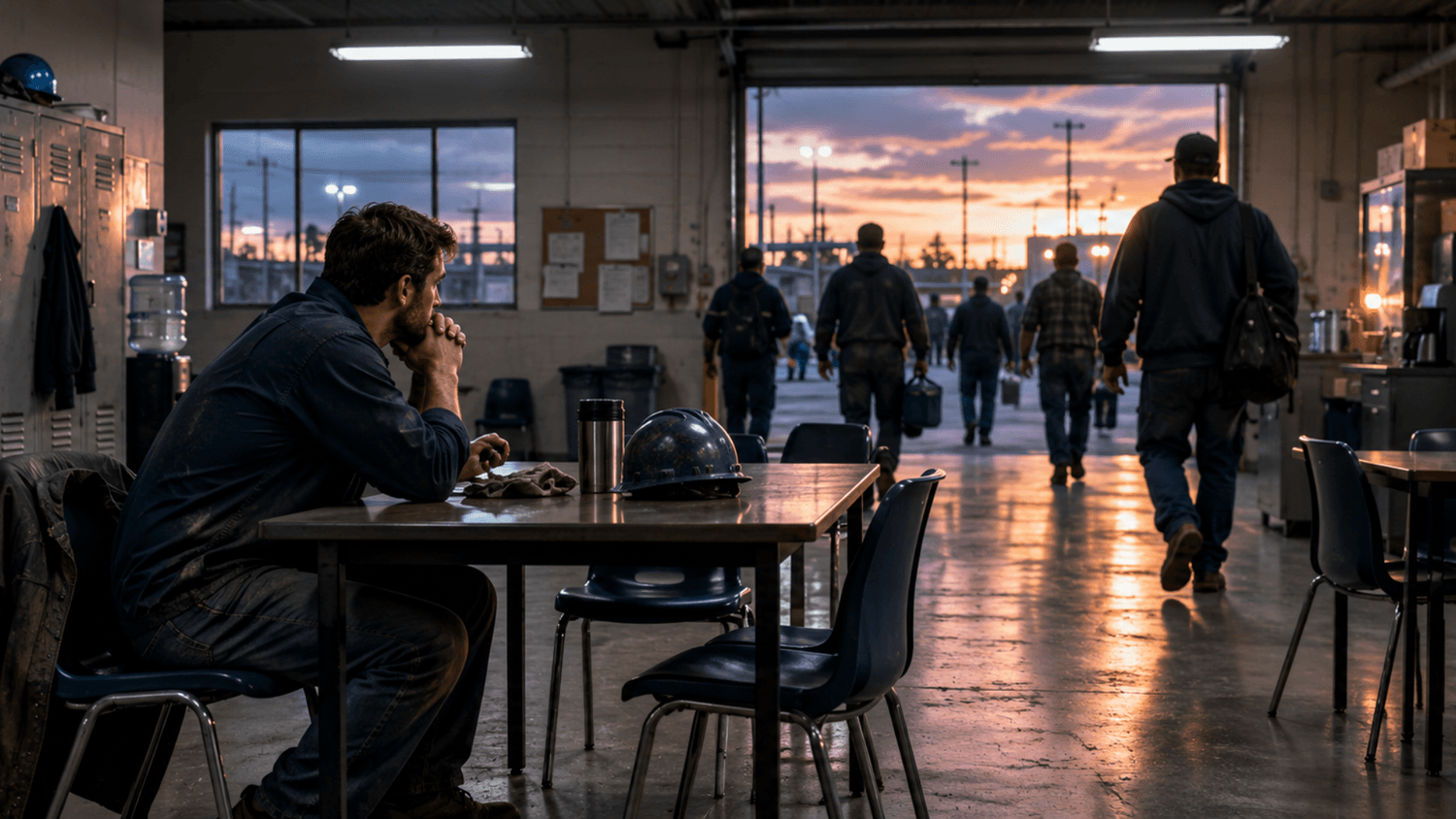 Worker sitting alone in a factory breakroom during shift change as coworkers leave the room.