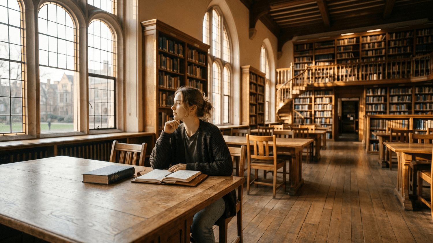 Person quietly reflecting in a public library beside a notebook and closed book with morning sunlight streaming through windows.