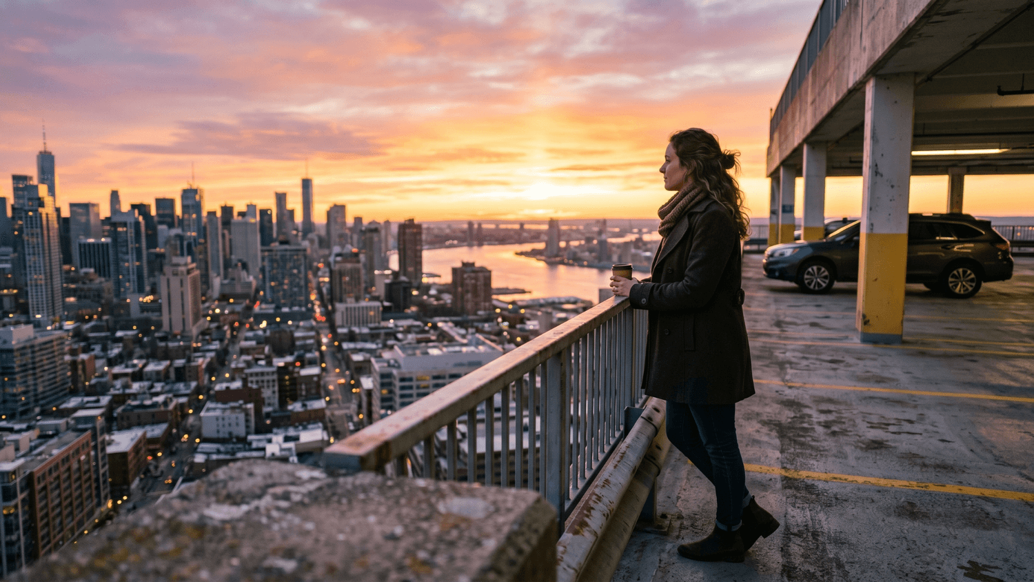 Person standing on a rooftop parking garage at sunrise overlooking a city skyline in quiet reflection.